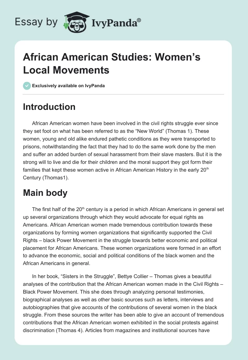 African American Studies: Women’s Local Movements. Page 1