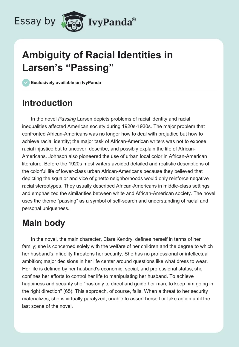 Ambiguity of Racial Identities in Larsen’s “Passing”. Page 1