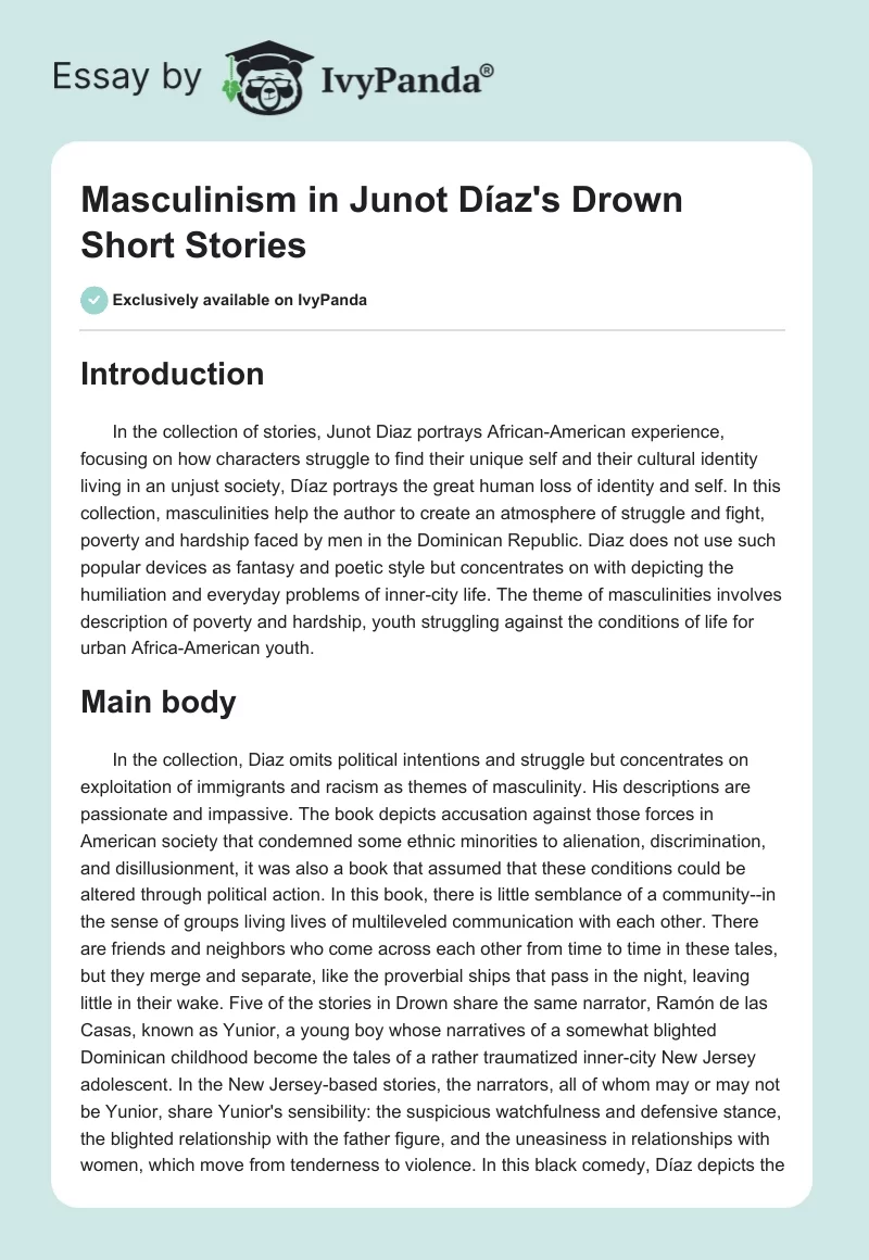 Masculinism in Junot Díaz's "Drown" Short Stories. Page 1