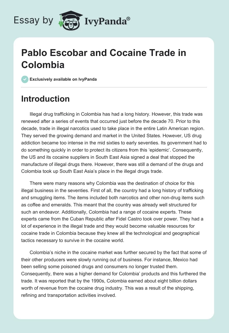 Pablo Escobar and Cocaine Trade in Colombia. Page 1