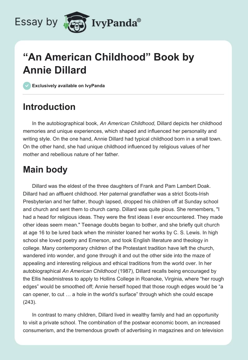 “An American Childhood” Book by Annie Dillard. Page 1