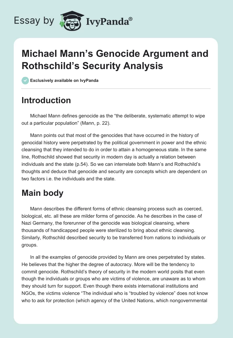 Michael Mann’s Genocide Argument and Rothschild’s Security Analysis. Page 1