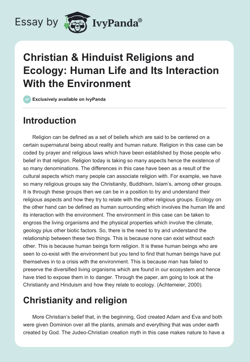 Christian & Hinduist Religions and Ecology: Human Life and Its Interaction With the Environment. Page 1