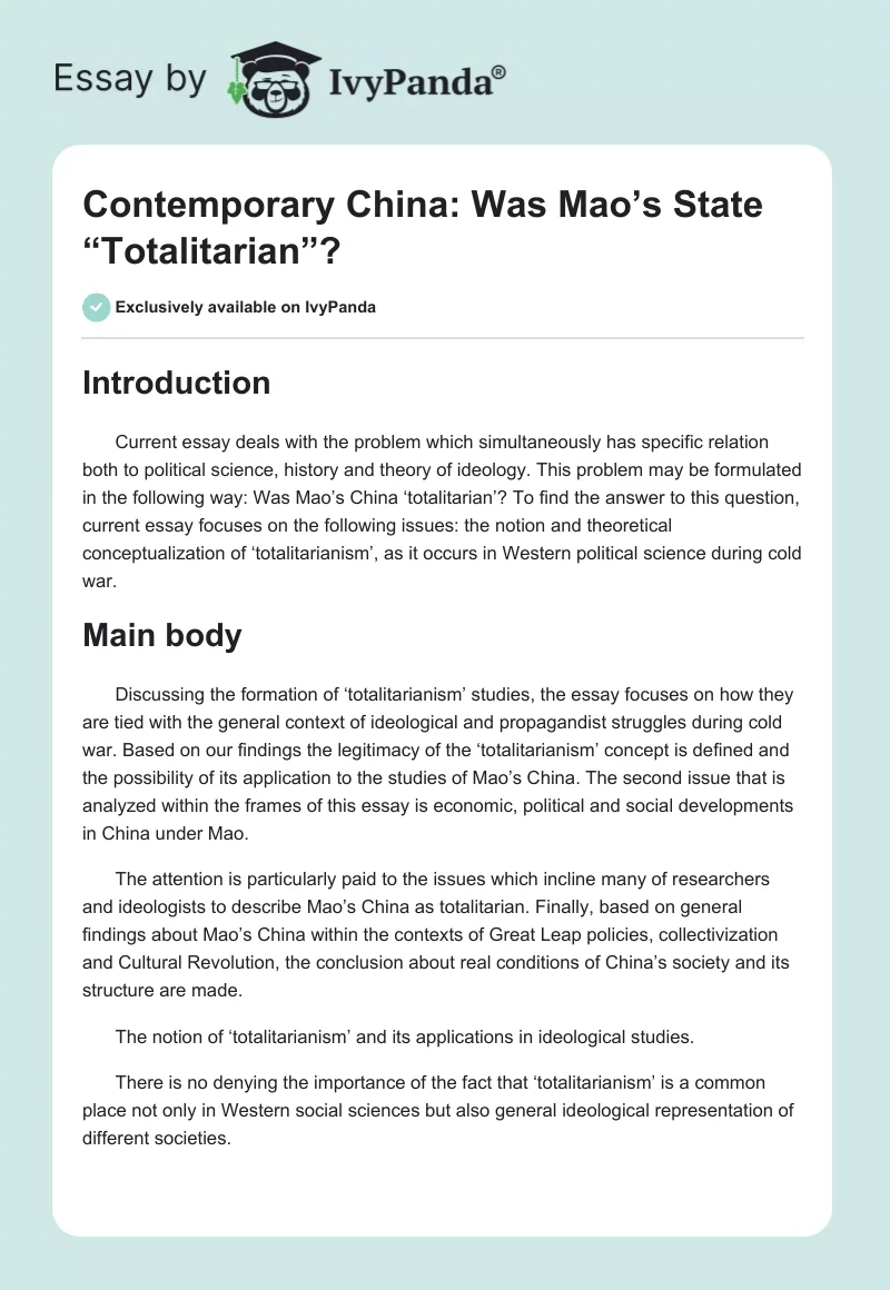 Contemporary China: Was Mao’s State “Totalitarian”?. Page 1