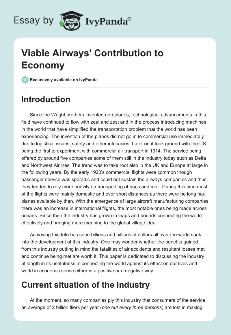 Viable Airways' Contribution to Economy. Page 1