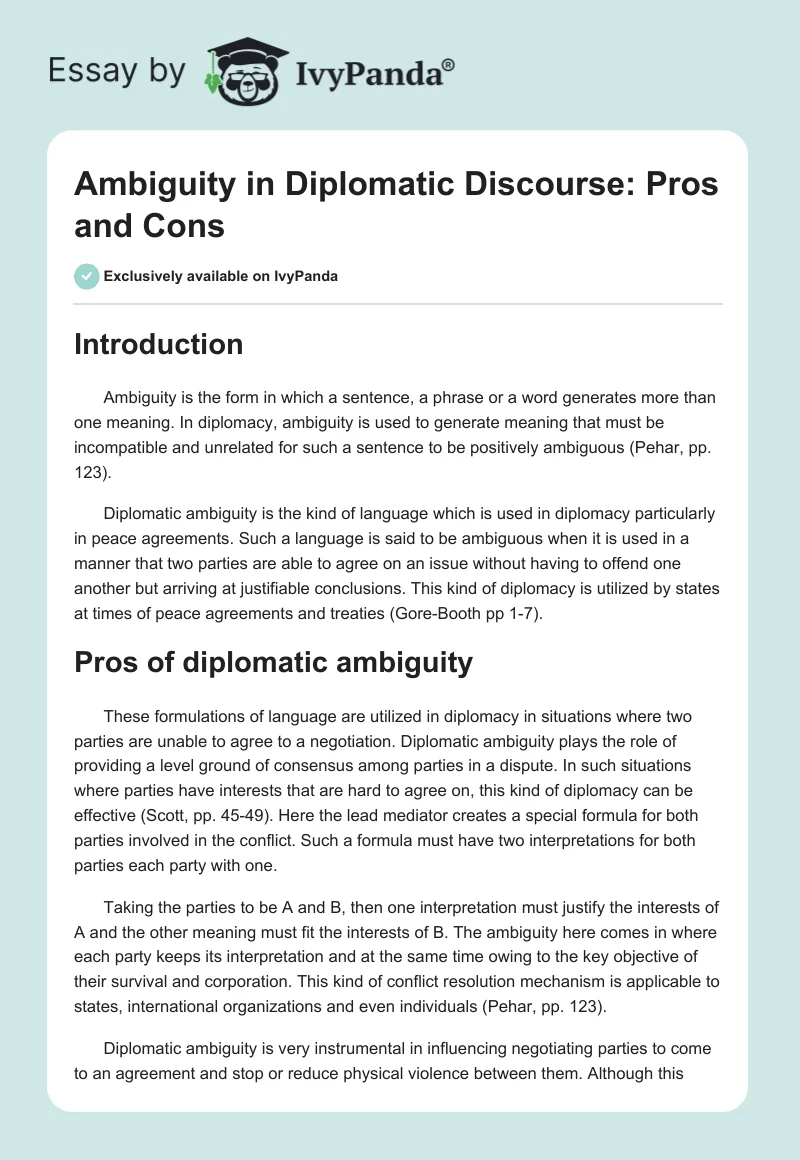 Ambiguity in Diplomatic Discourse: Pros and Cons. Page 1