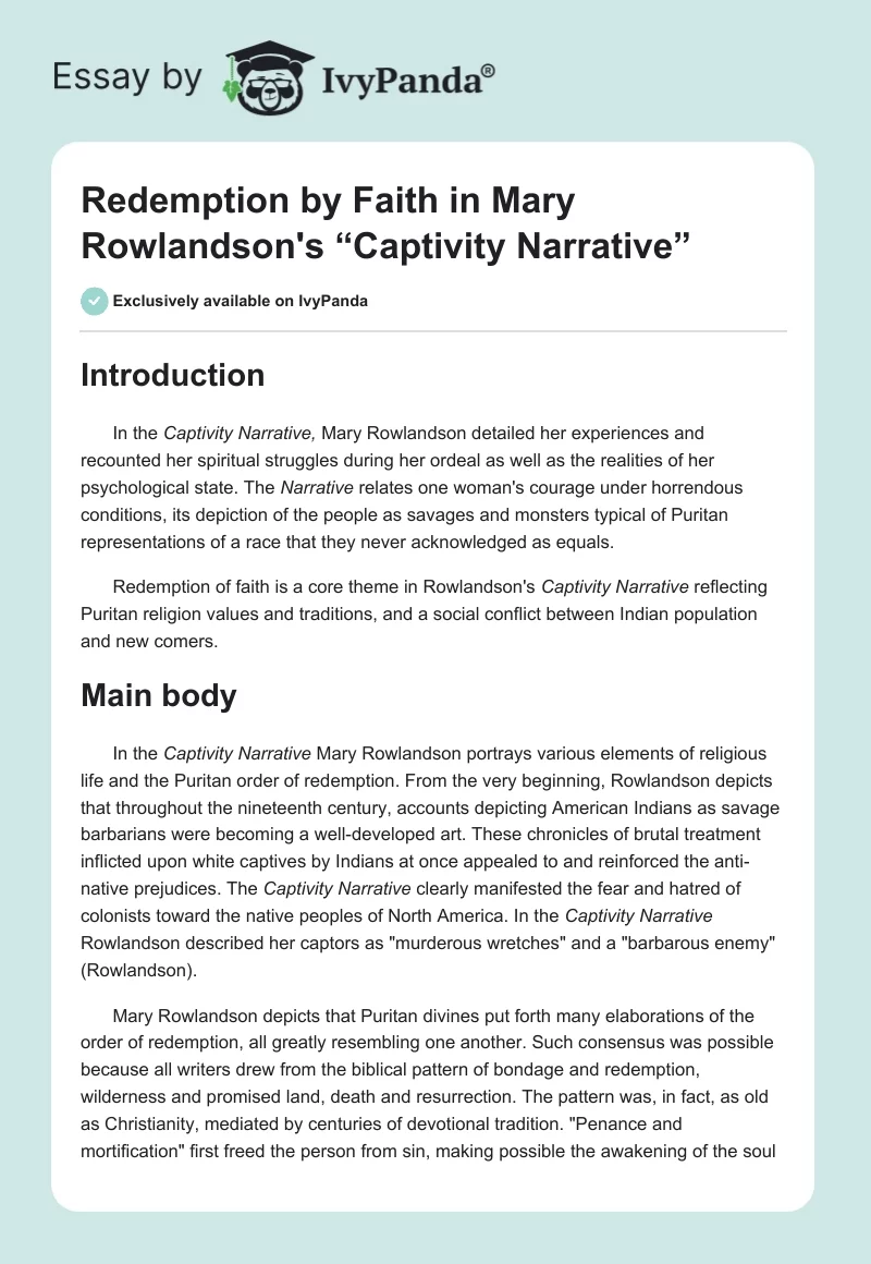 Redemption by Faith in Mary Rowlandson's “Captivity Narrative”. Page 1