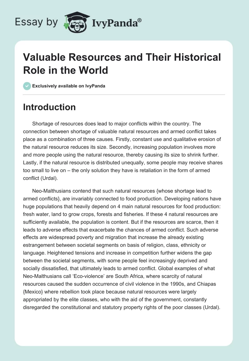 Valuable Resources and Their Historical Role in the World. Page 1
