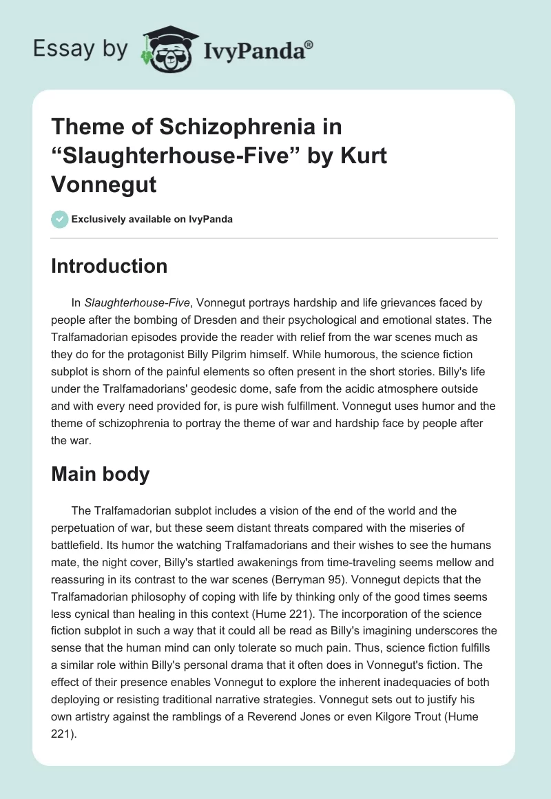 Theme of Schizophrenia in “Slaughterhouse-Five” by Kurt Vonnegut. Page 1