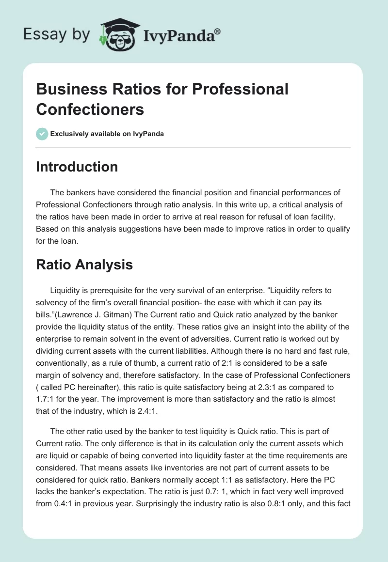Business Ratios for Professional Confectioners. Page 1