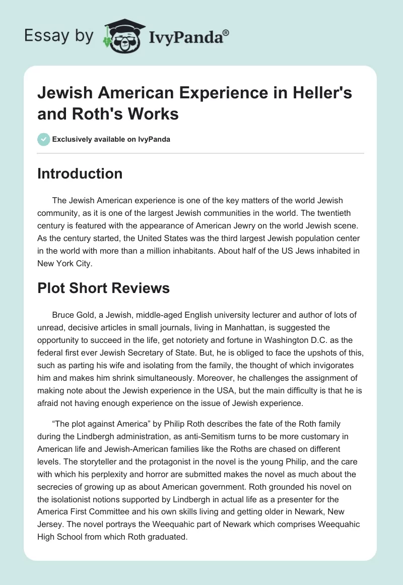 Jewish American Experience in Heller's and Roth's Works. Page 1