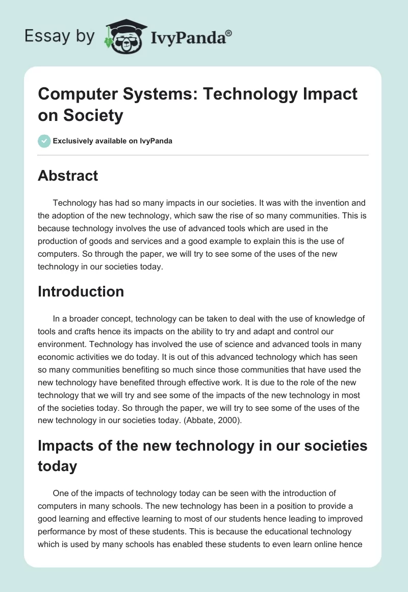 Computer Systems: Technology Impact on Society. Page 1