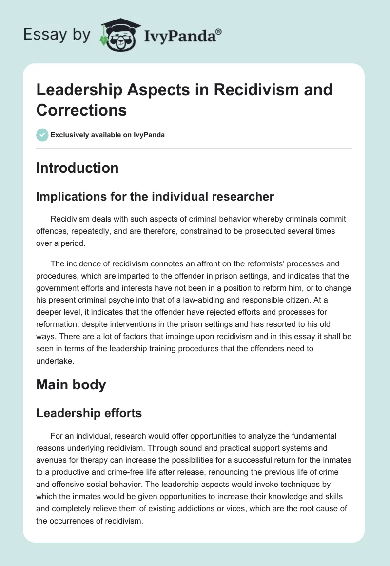 Leadership Aspects in Recidivism and Corrections. Page 1