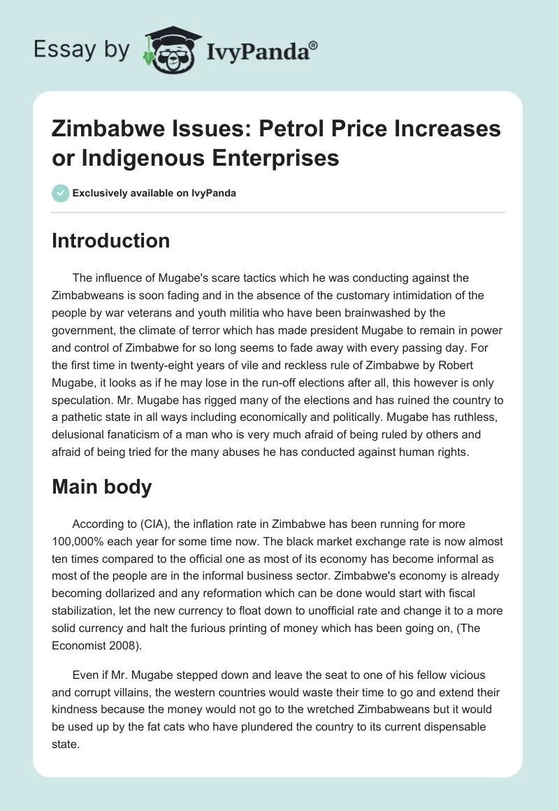 Zimbabwe Issues: Petrol Price Increases or Indigenous Enterprises. Page 1