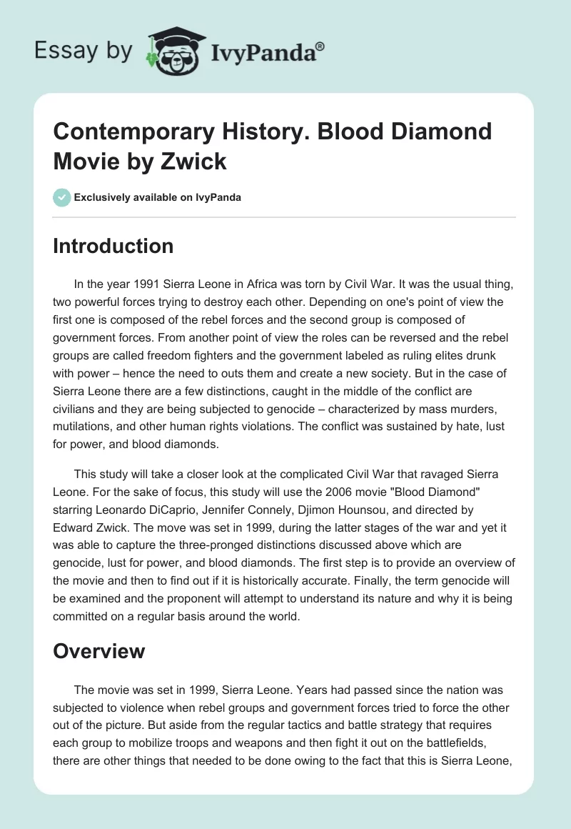 Contemporary History. "Blood Diamond" Movie by Zwick. Page 1