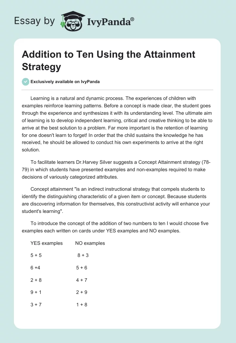 Addition to Ten Using the Attainment Strategy. Page 1