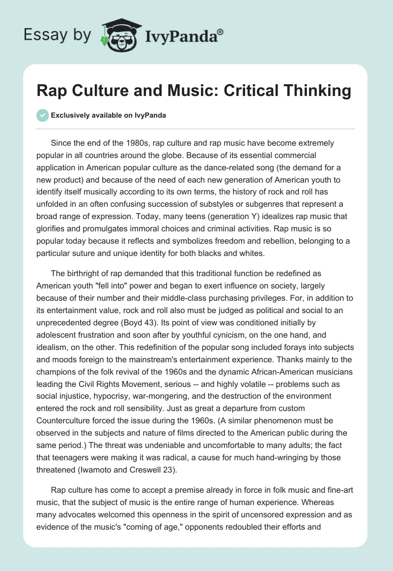 Rap Culture and Music: Critical Thinking. Page 1