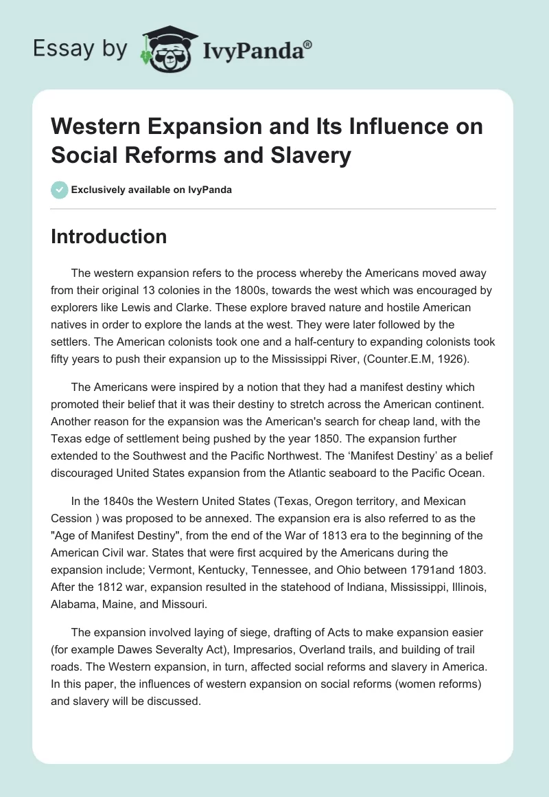 Western Expansion and Its Influence on Social Reforms and Slavery. Page 1