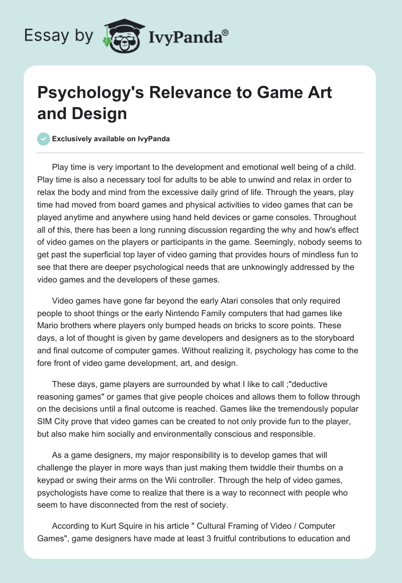 Psychology's Relevance to Game Art and Design. Page 1