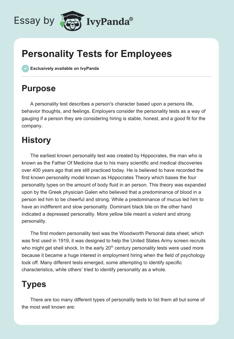 Personality Tests for Employees. Page 1