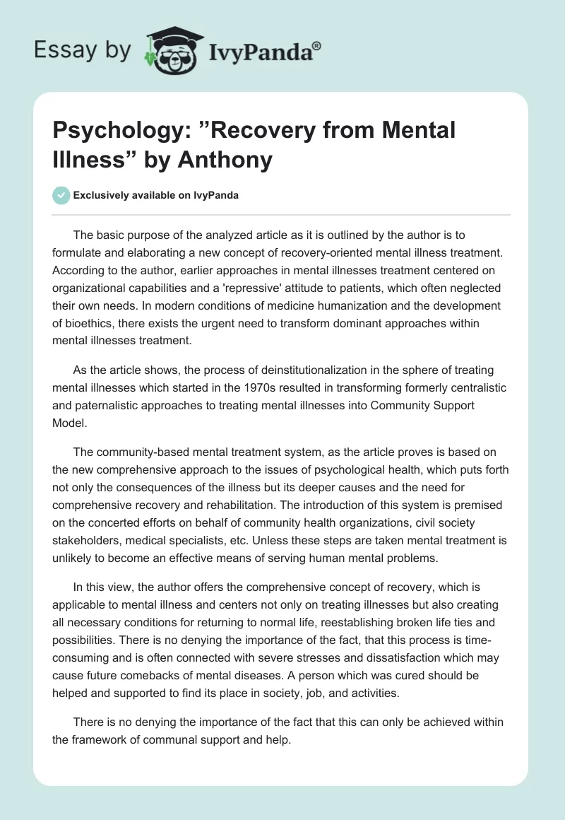 Psychology: ”Recovery From Mental Illness” by Anthony. Page 1