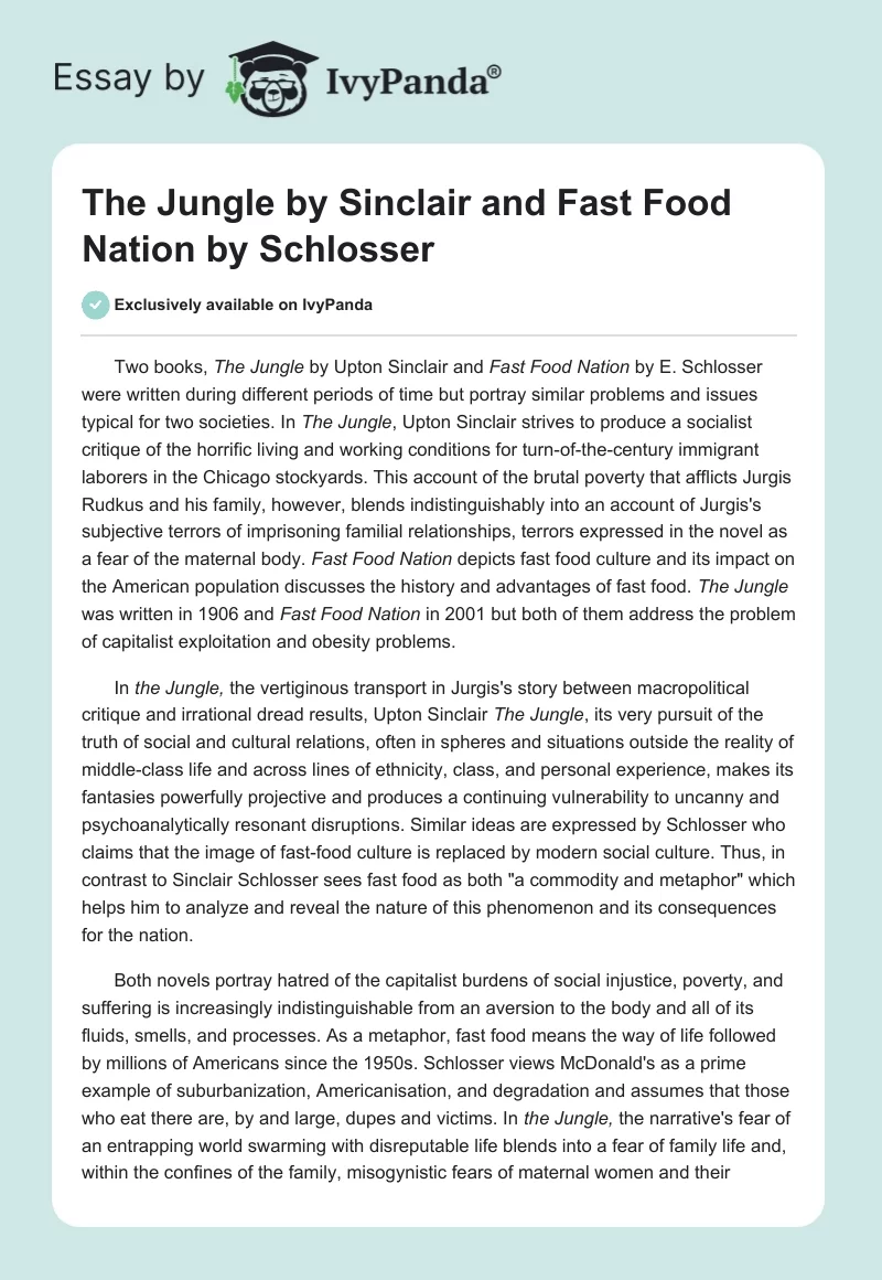 "The Jungle" by Sinclair and "Fast Food Nation" by Schlosser. Page 1