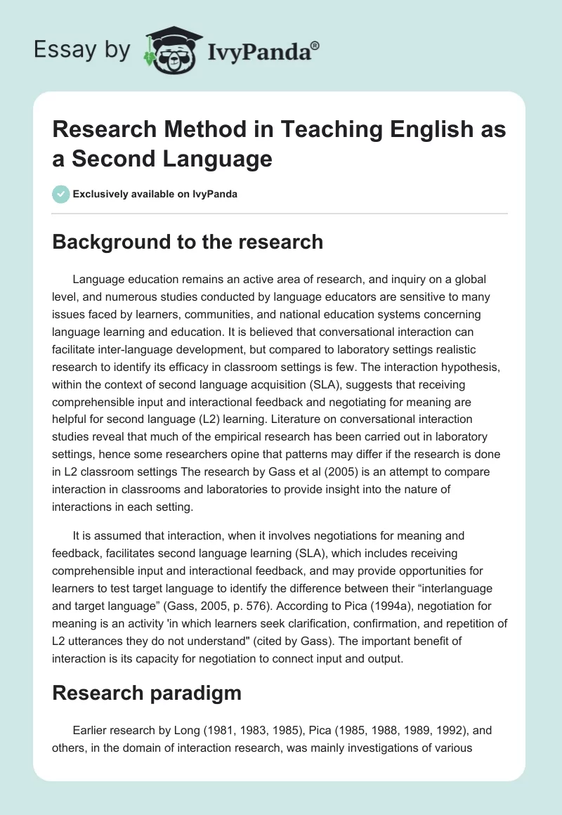 Research Method in Teaching English as a Second Language. Page 1