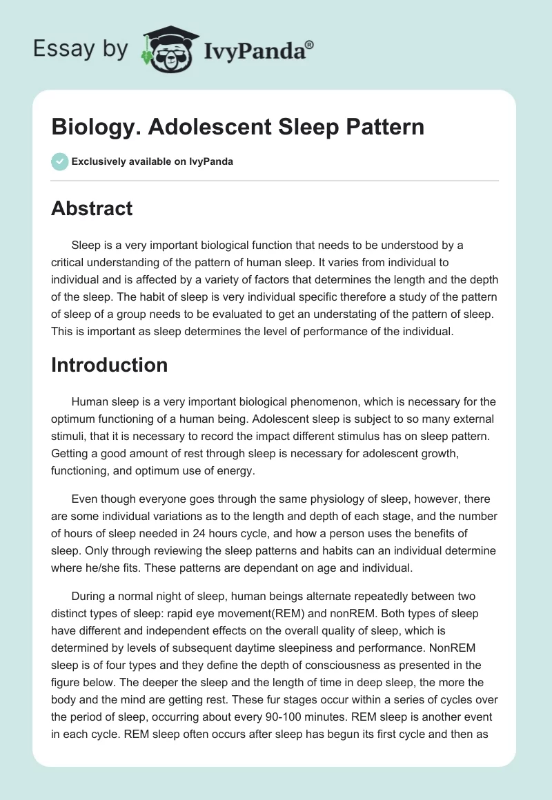 Biology. Adolescent Sleep Pattern. Page 1