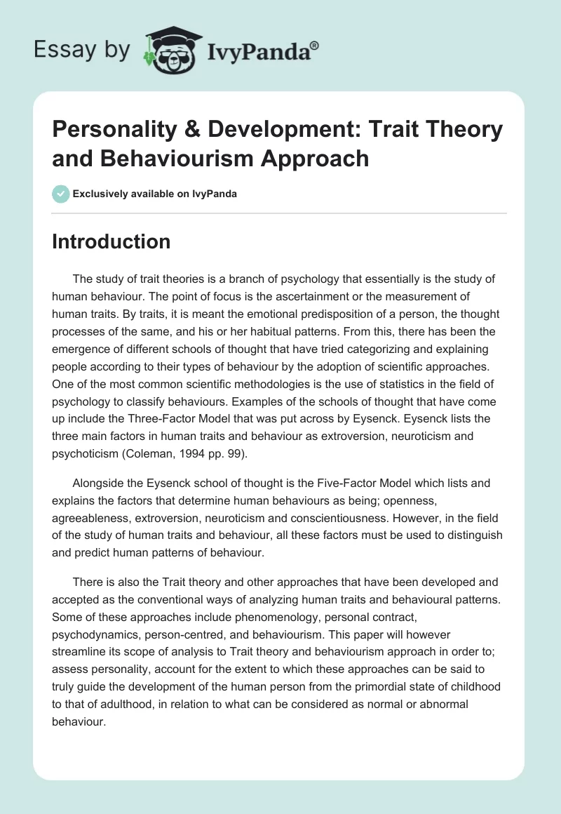 Personality & Development: Trait Theory and Behaviourism Approach. Page 1