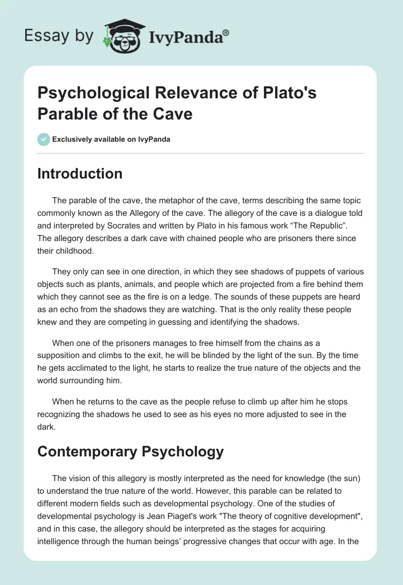 Psychological Relevance of Plato's Parable of the Cave. Page 1