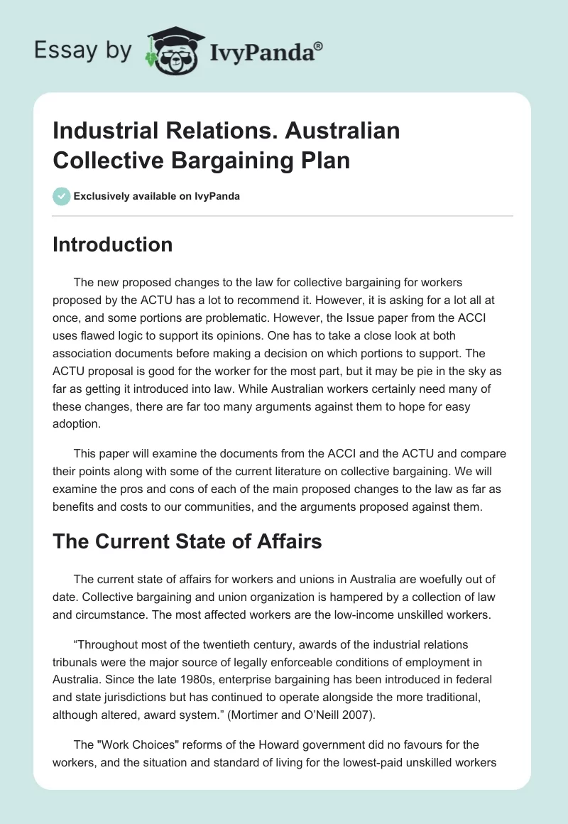 Industrial Relations. Australian Collective Bargaining Plan. Page 1