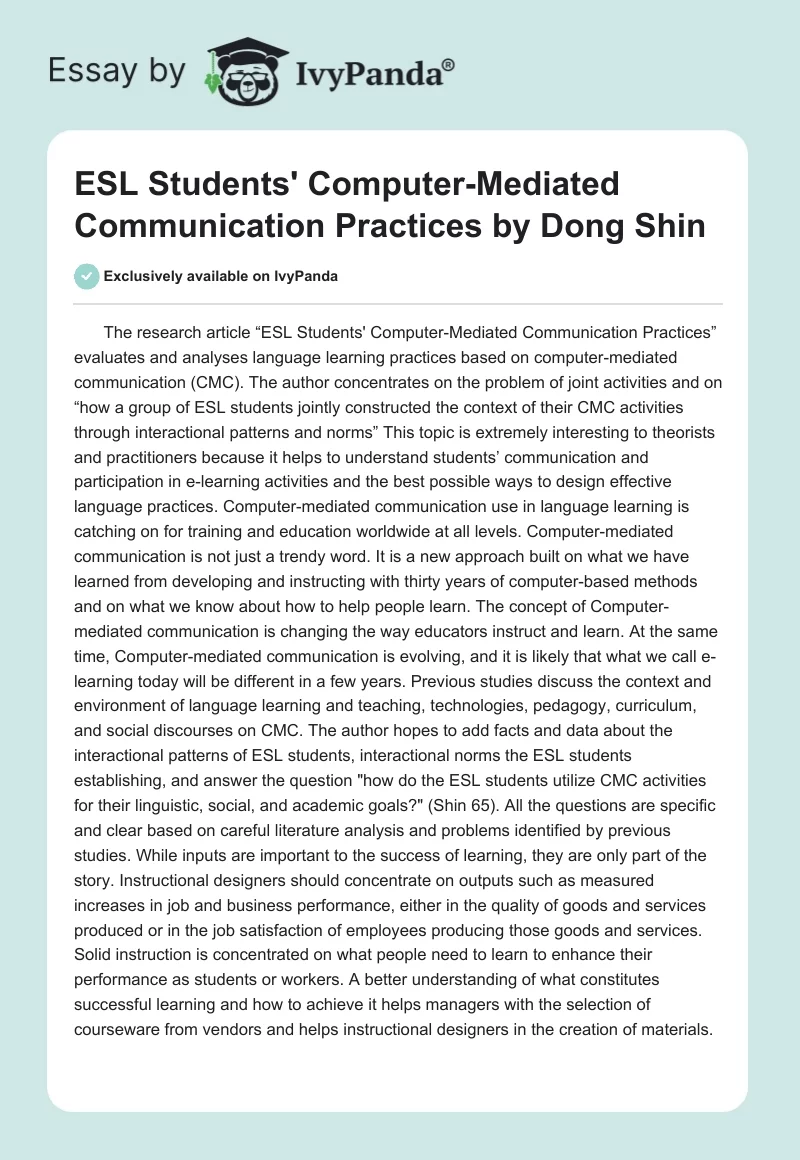 "ESL Students' Computer-Mediated Communication Practices" by Dong Shin. Page 1