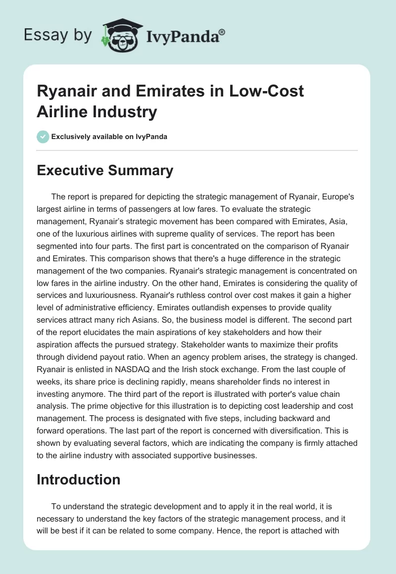 Ryanair and Emirates in Low-Cost Airline Industry. Page 1