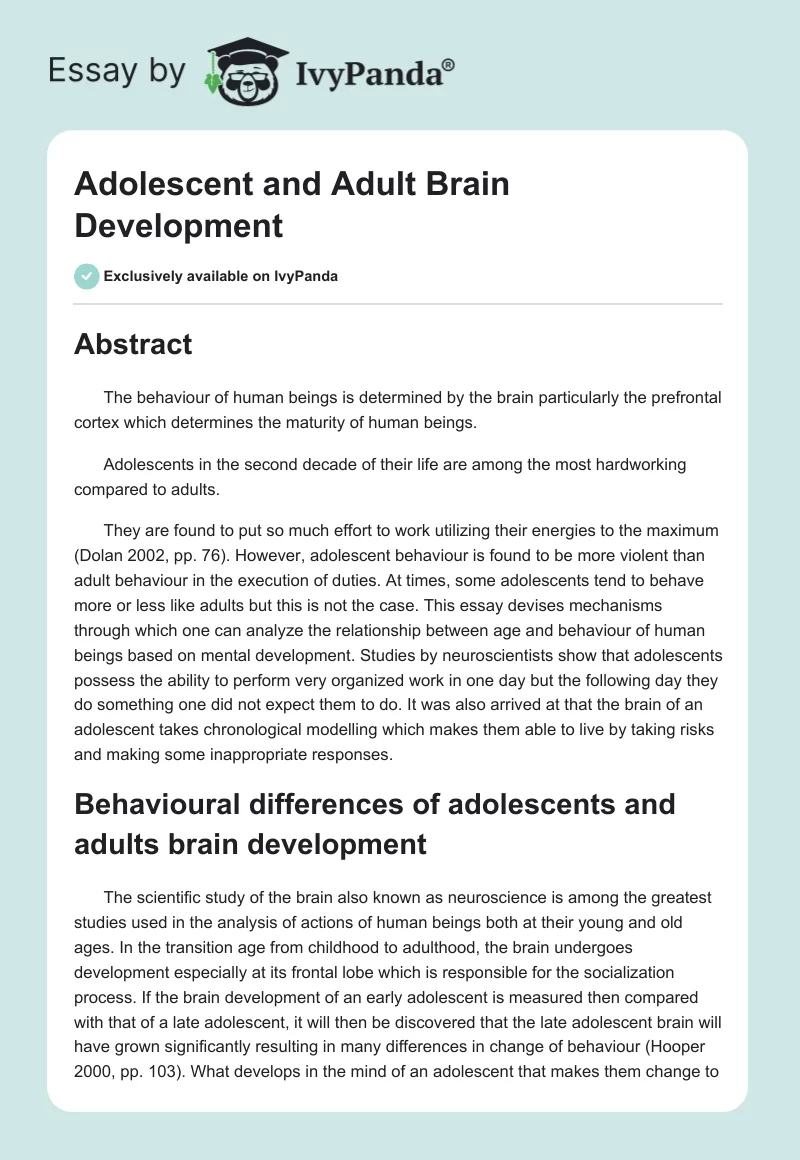 Adolescent and Adult Brain Development. Page 1