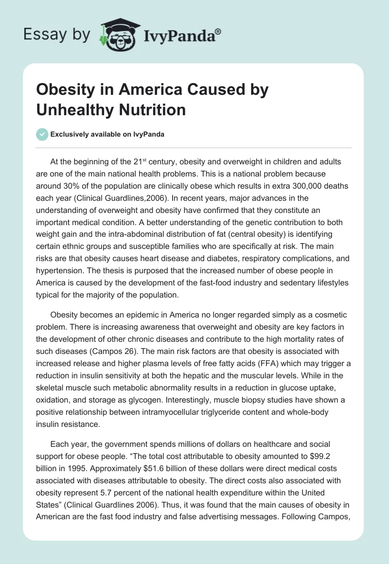 Obesity in America Caused by Unhealthy Nutrition. Page 1
