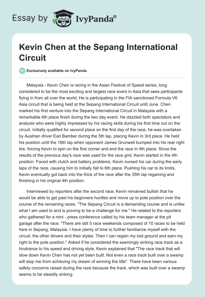 Kevin Chen at the Sepang International Circuit. Page 1