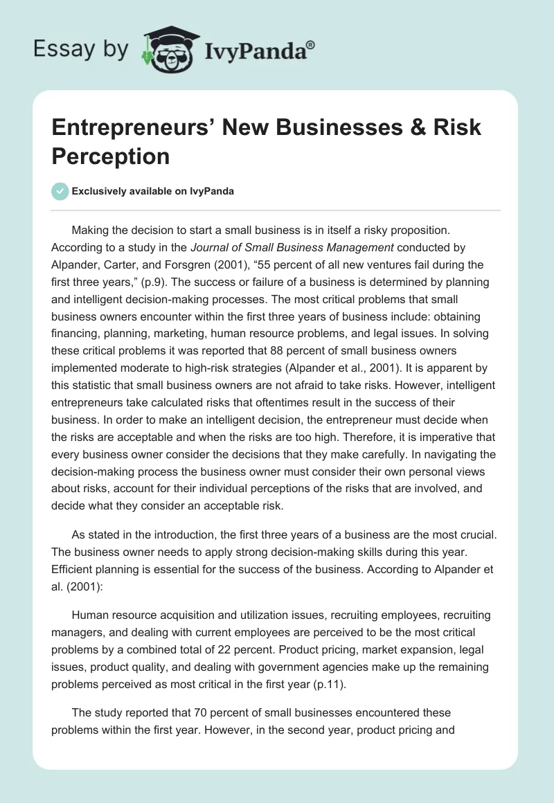 Entrepreneurs’ New Businesses & Risk Perception. Page 1