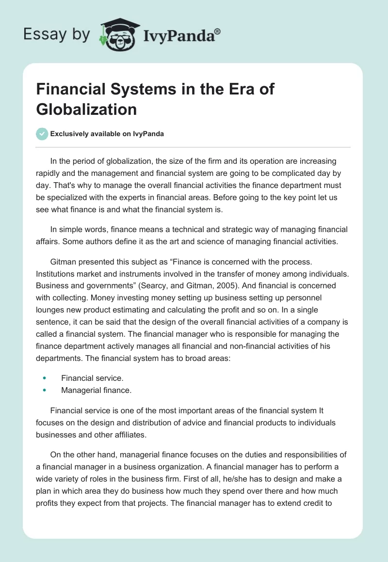 Financial Systems in the Era of Globalization. Page 1