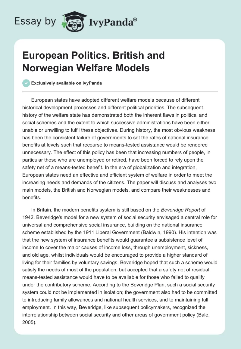 European Politics. British and Norwegian Welfare Models. Page 1
