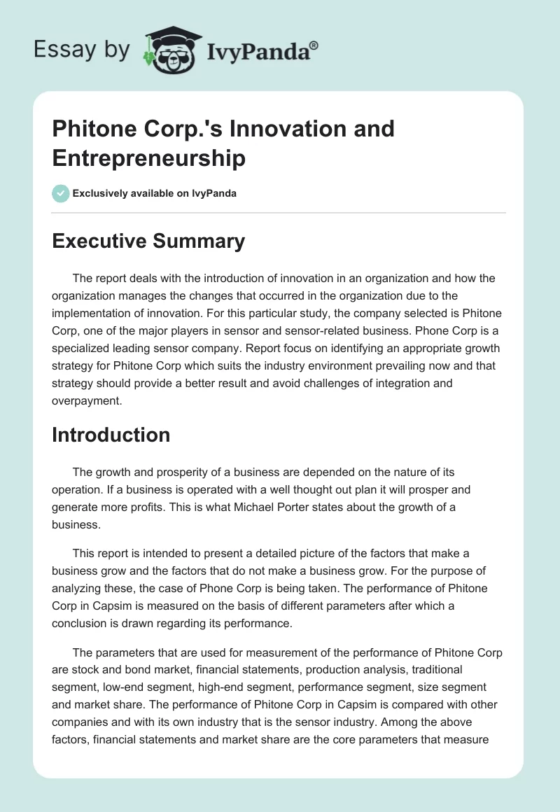Phitone Corp.'s Innovation and Entrepreneurship. Page 1