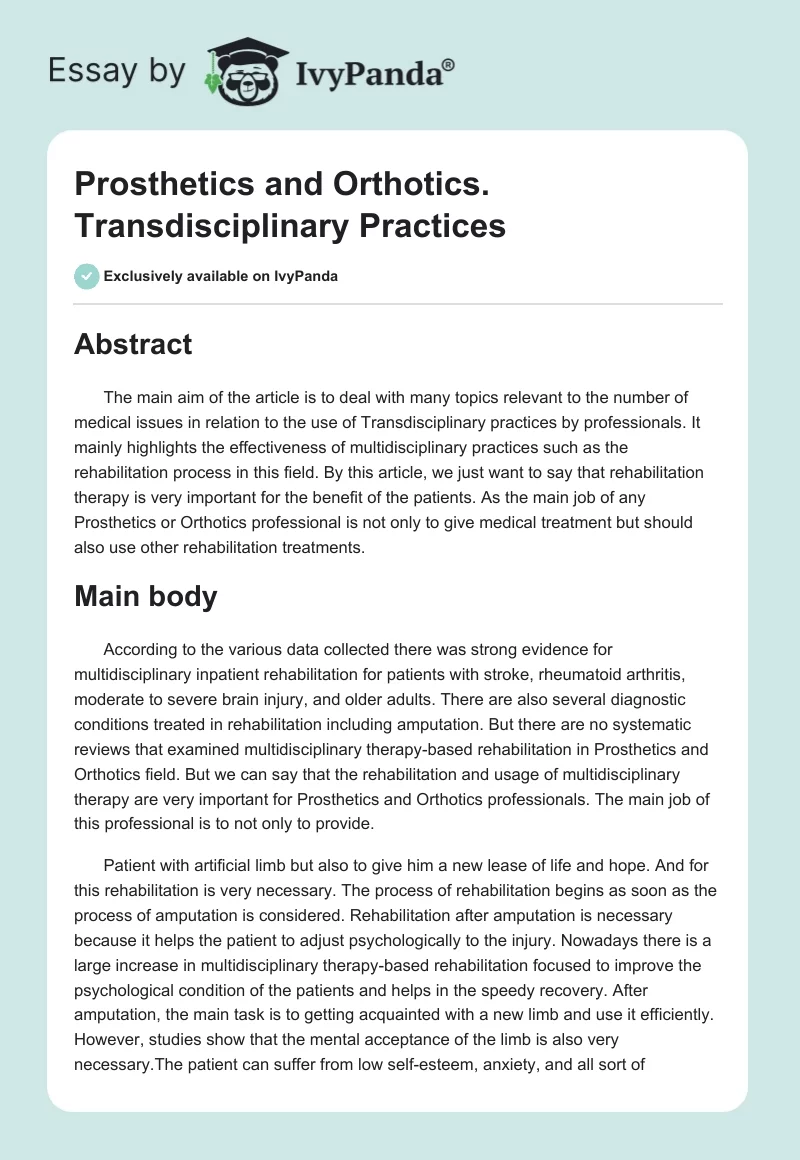 Prosthetics and Orthotics. Transdisciplinary Practices. Page 1