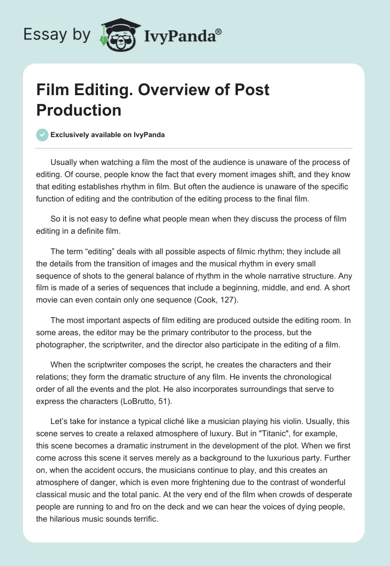 Film Editing. Overview of Post Production. Page 1