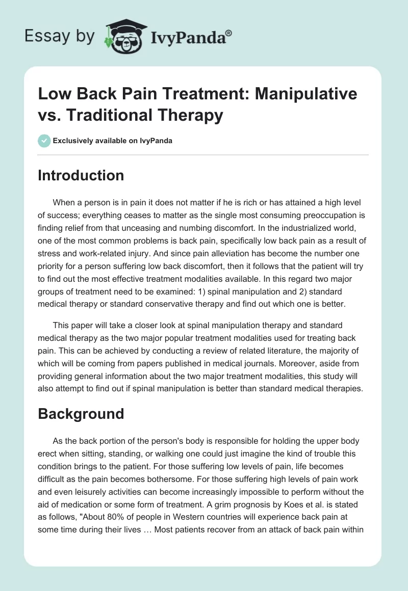 Low Back Pain Treatment: Manipulative vs. Traditional Therapy. Page 1