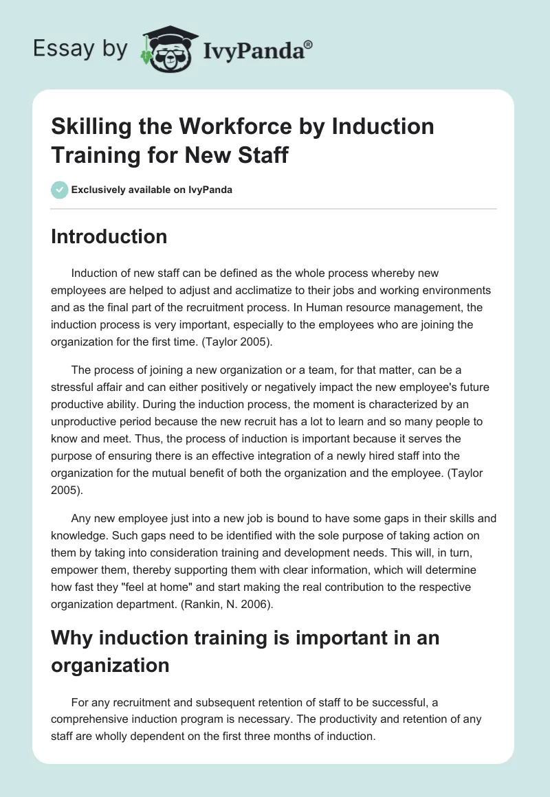 Skilling the Workforce by Induction Training for New Staff. Page 1