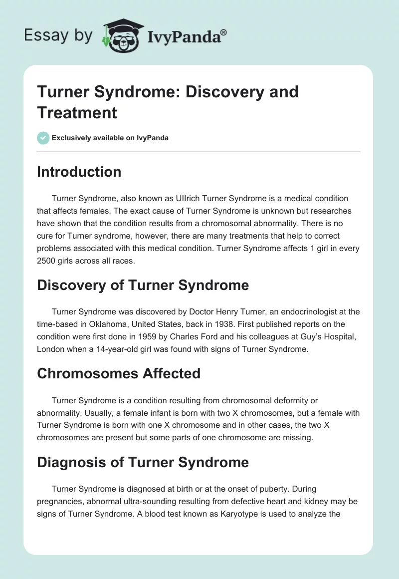 Turner Syndrome: Discovery and Treatment. Page 1