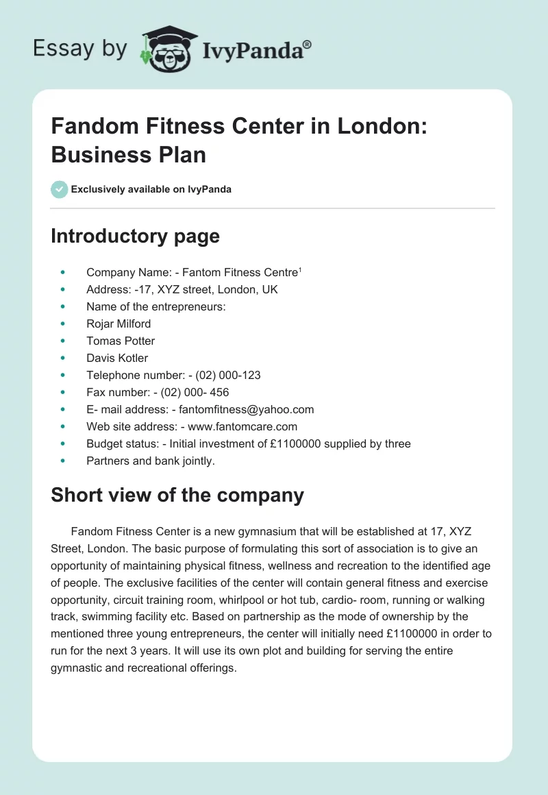 Fandom Fitness Center in London: Business Plan. Page 1