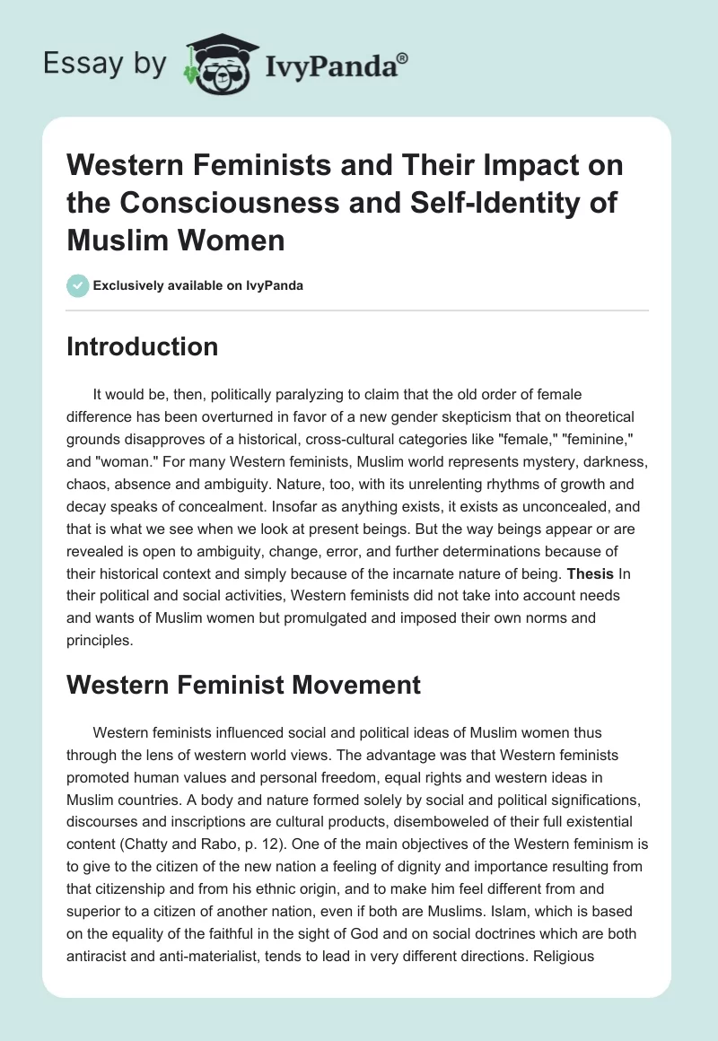 Western Feminists and Their Impact on the Consciousness and Self-Identity of Muslim Women. Page 1