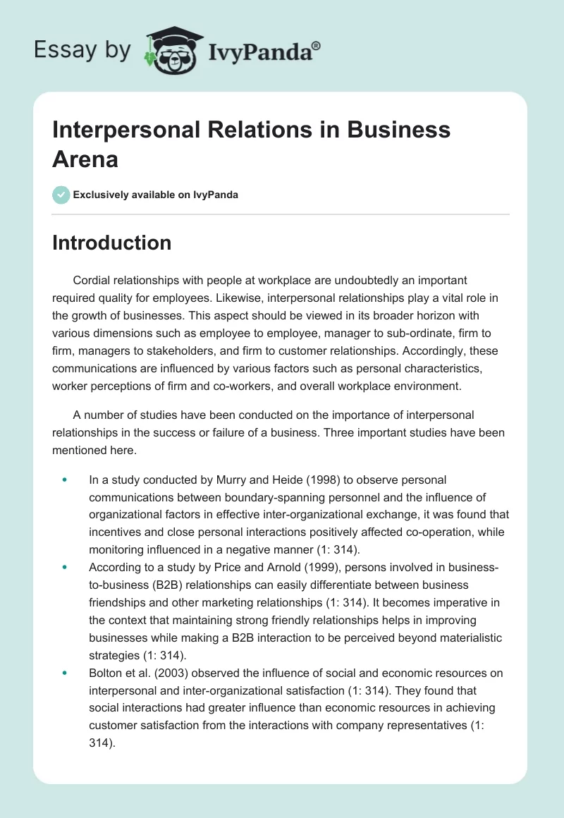 Interpersonal Relations in Business Arena. Page 1