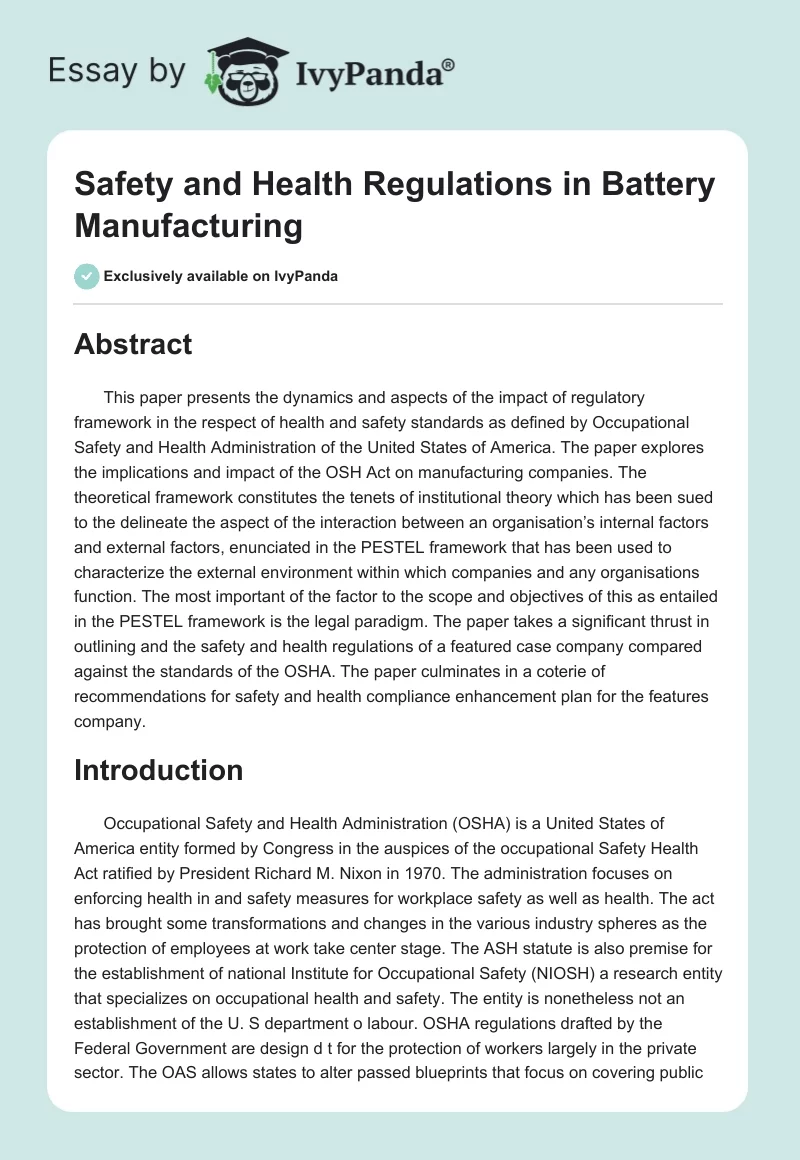 Safety and Health Regulations in Battery Manufacturing. Page 1