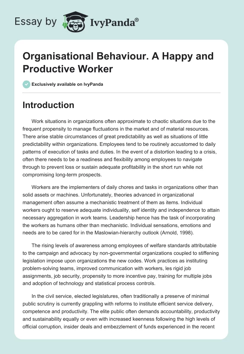 Organisational Behaviour. A Happy and Productive Worker. Page 1